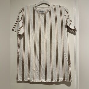 Denim Flower Ricky Singh Mens Sz: L White & Tan Vertical Striped Crew Neck Tee.